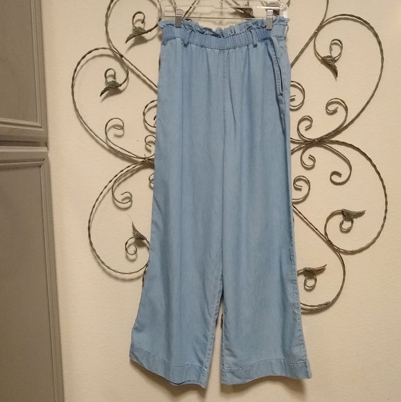 H&M &Denim chambray wide leg paper bag waist cropped pants, 6 - Picture 2 of 15